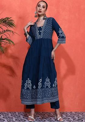 Navy Blue Embroidered Blended Kurta Set