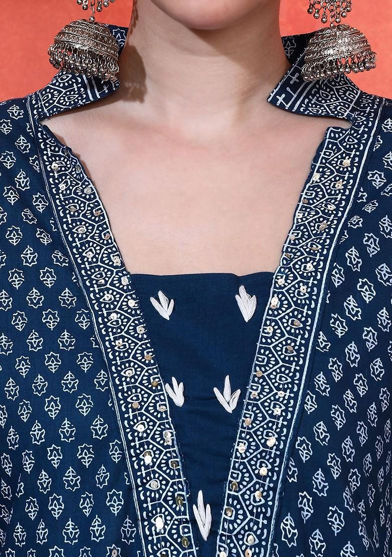 Navy Blue Embroidered Blended Kurta Set - Indya