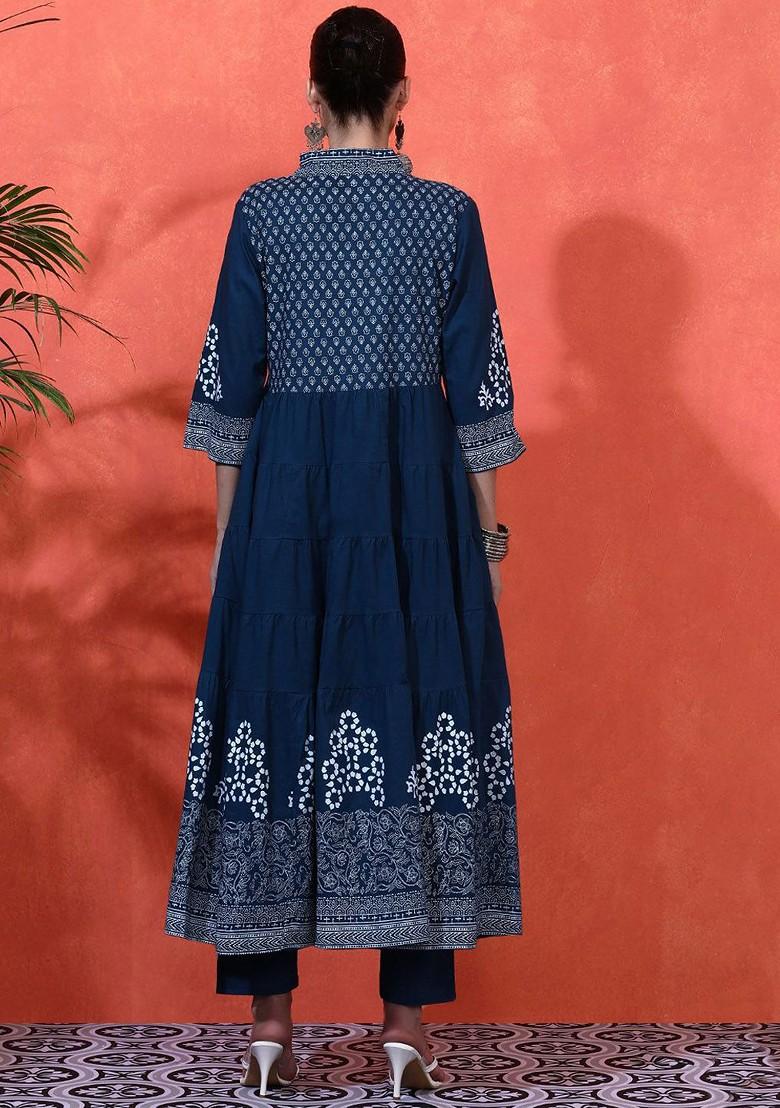 Navy Blue Embroidered Blended Kurta Set - Indya