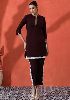Maroon Embroidered Blended Kurta Set