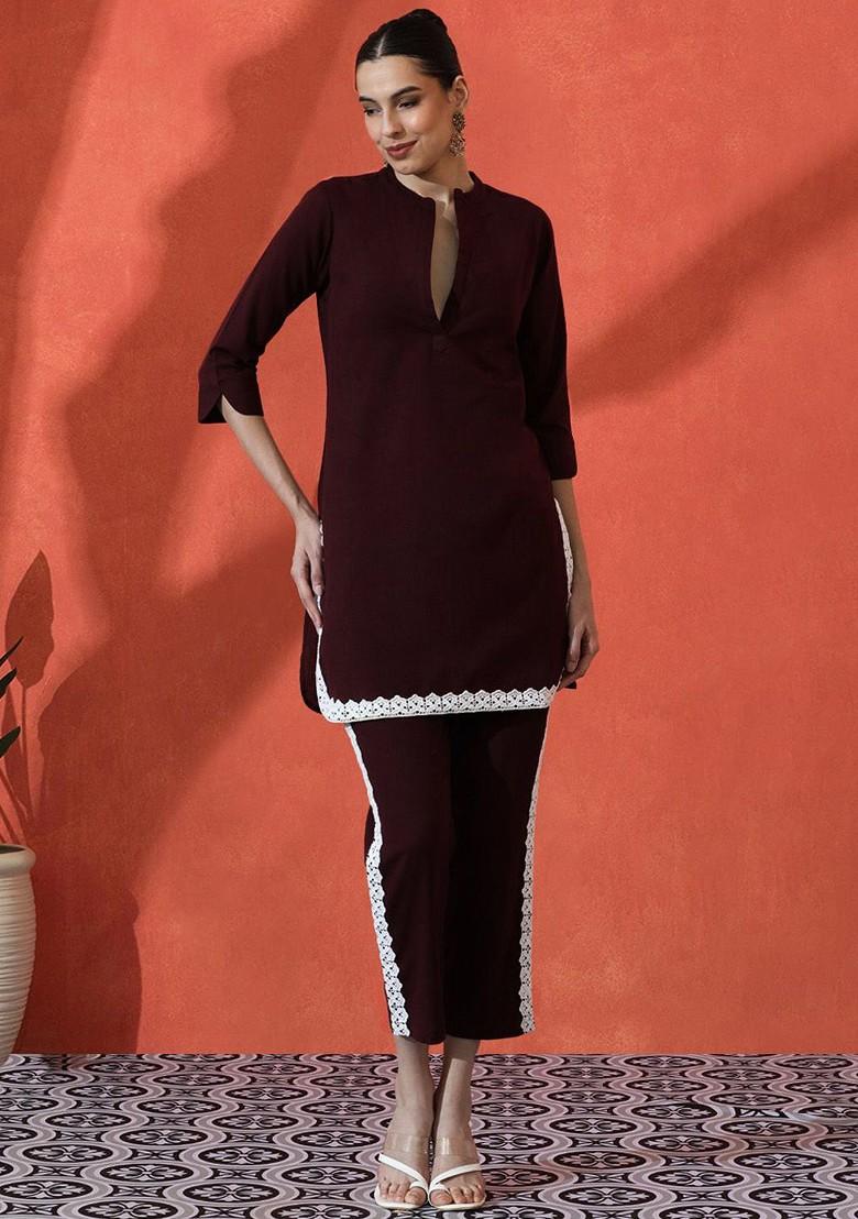 Maroon Embroidered Blended Kurta Set - Indya