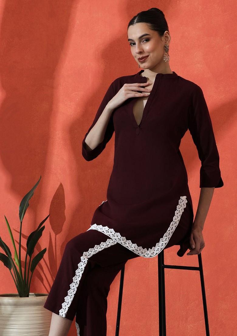 Maroon Embroidered Blended Kurta Set - Indya