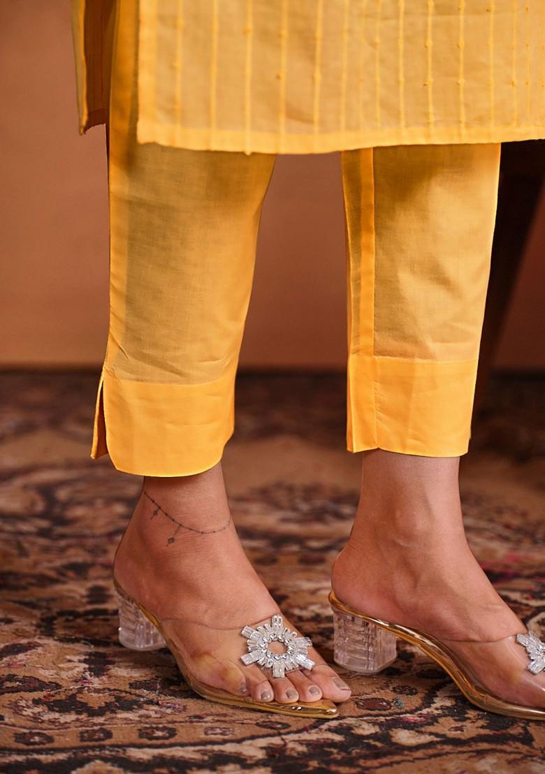 Yellow Embroidered Blended Kurta Set - Indya