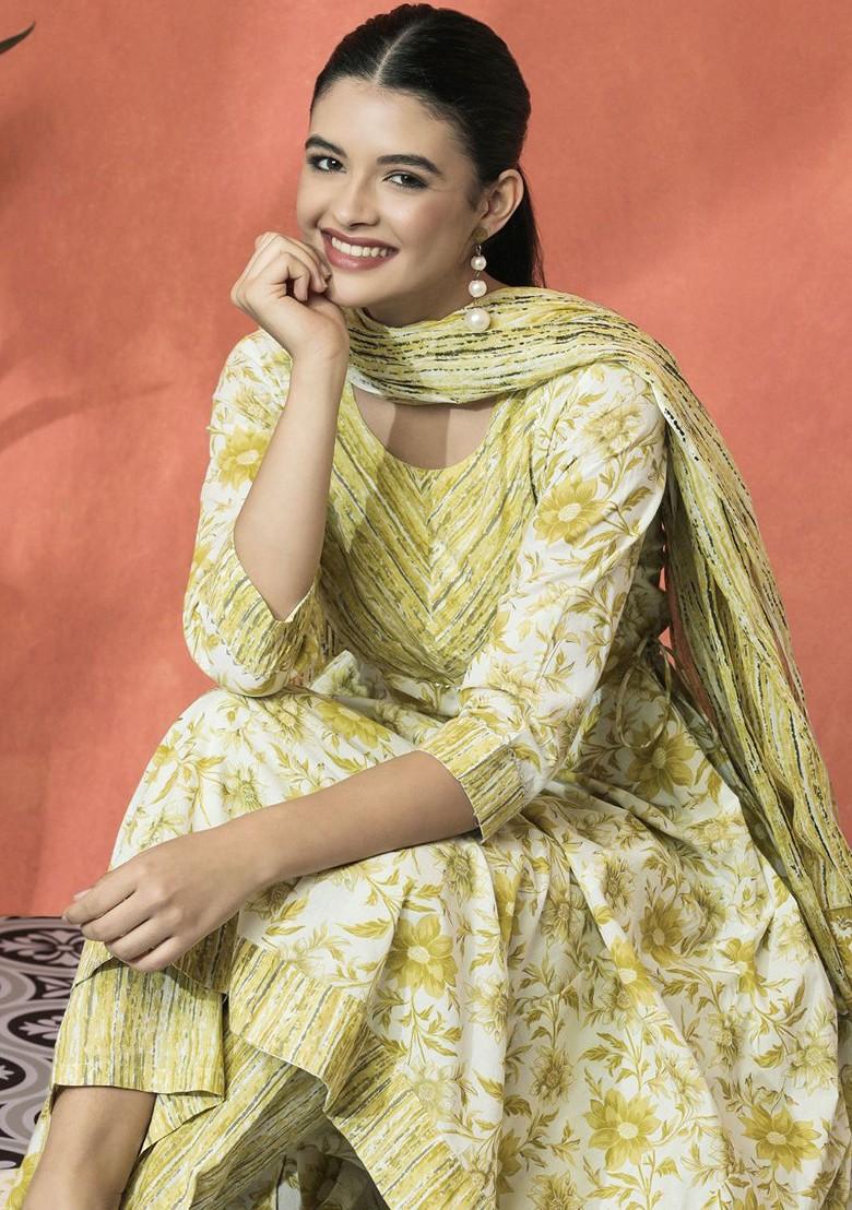 Lime Green Printed Blended Kurta Set - Indya