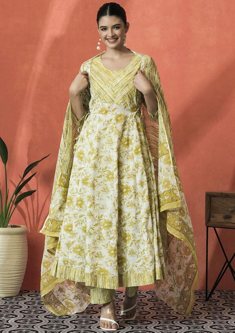 Lime Green Printed Blended Kurta Set - Indya