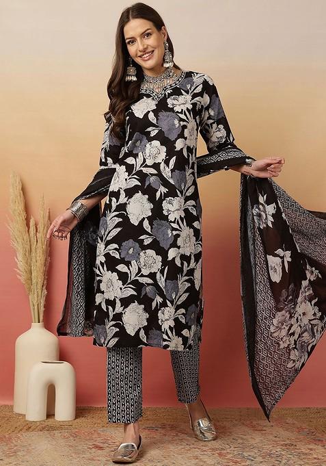 Black Printed Blended Kurta Set