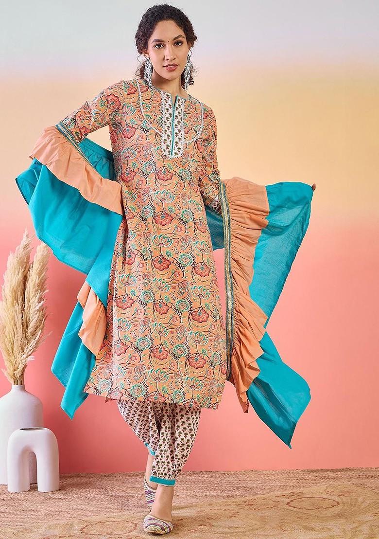 Peach Printed Blended Kurta Set - Indya