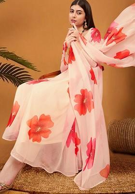 Off White Printed Blended Kurta Set