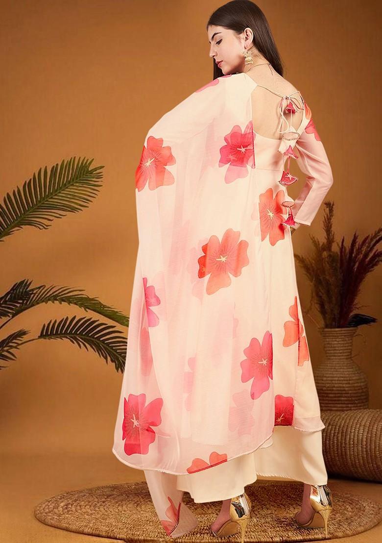 Off White Printed Blended Kurta Set - Indya