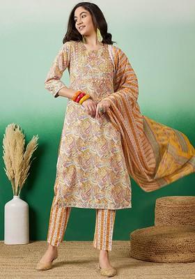 Mustard Embroidered Blended Kurta Set