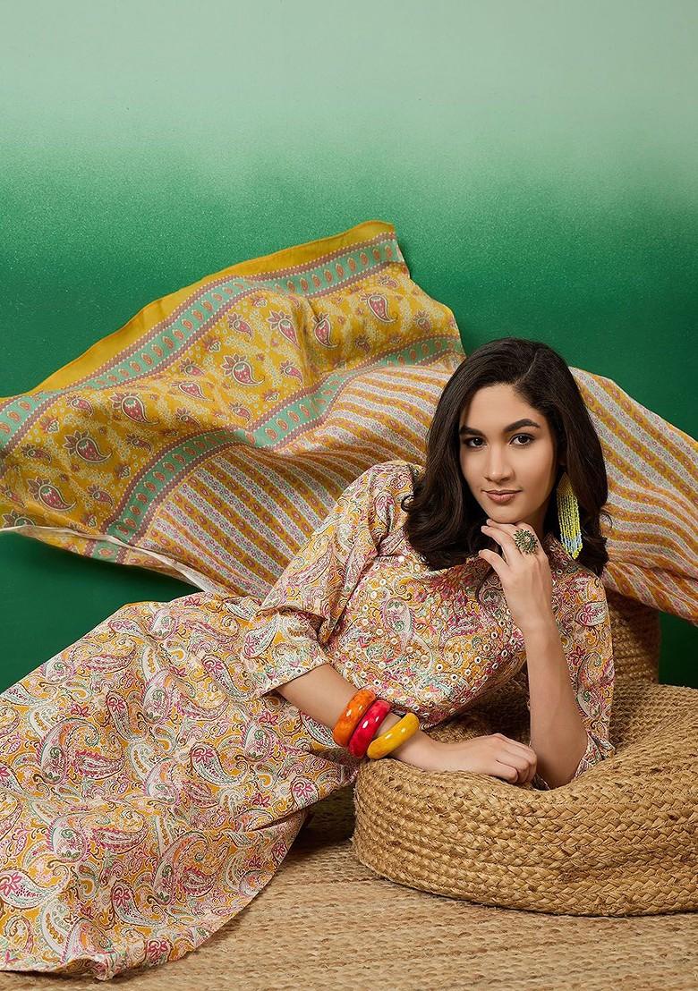 Mustard Embroidered Blended Kurta Set - Indya