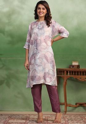 Lavender Printed Blended Kurta Set