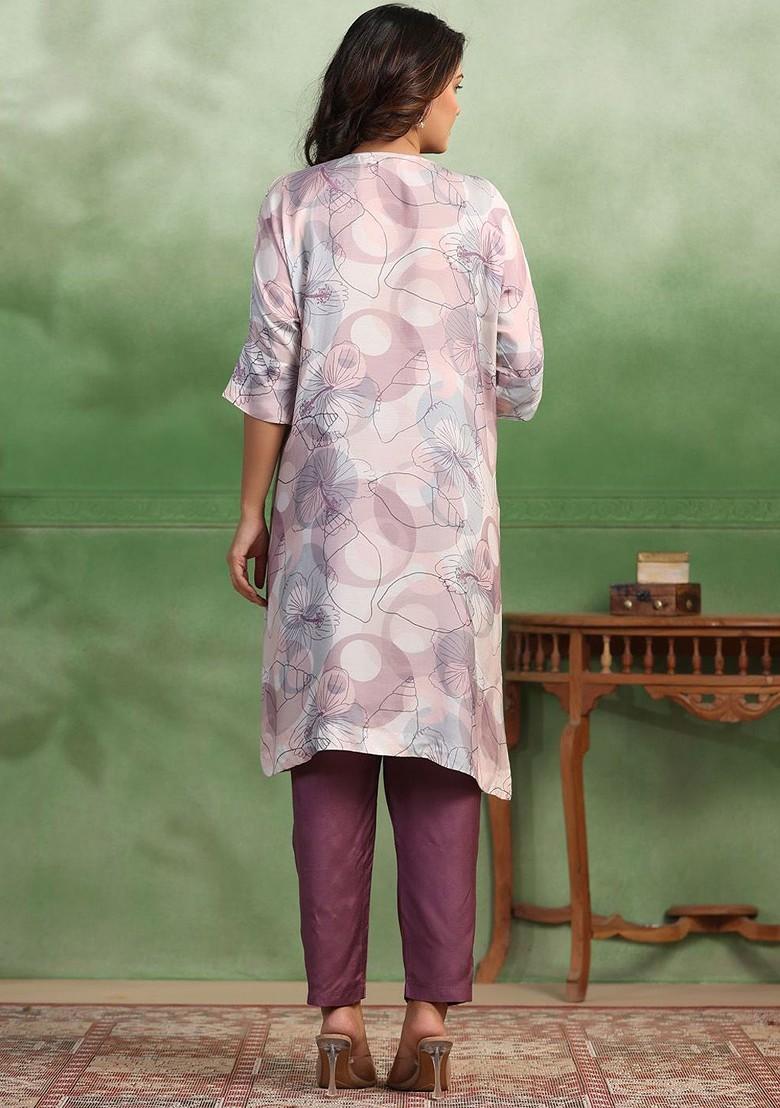 Lavender Printed Blended Kurta Set - Indya