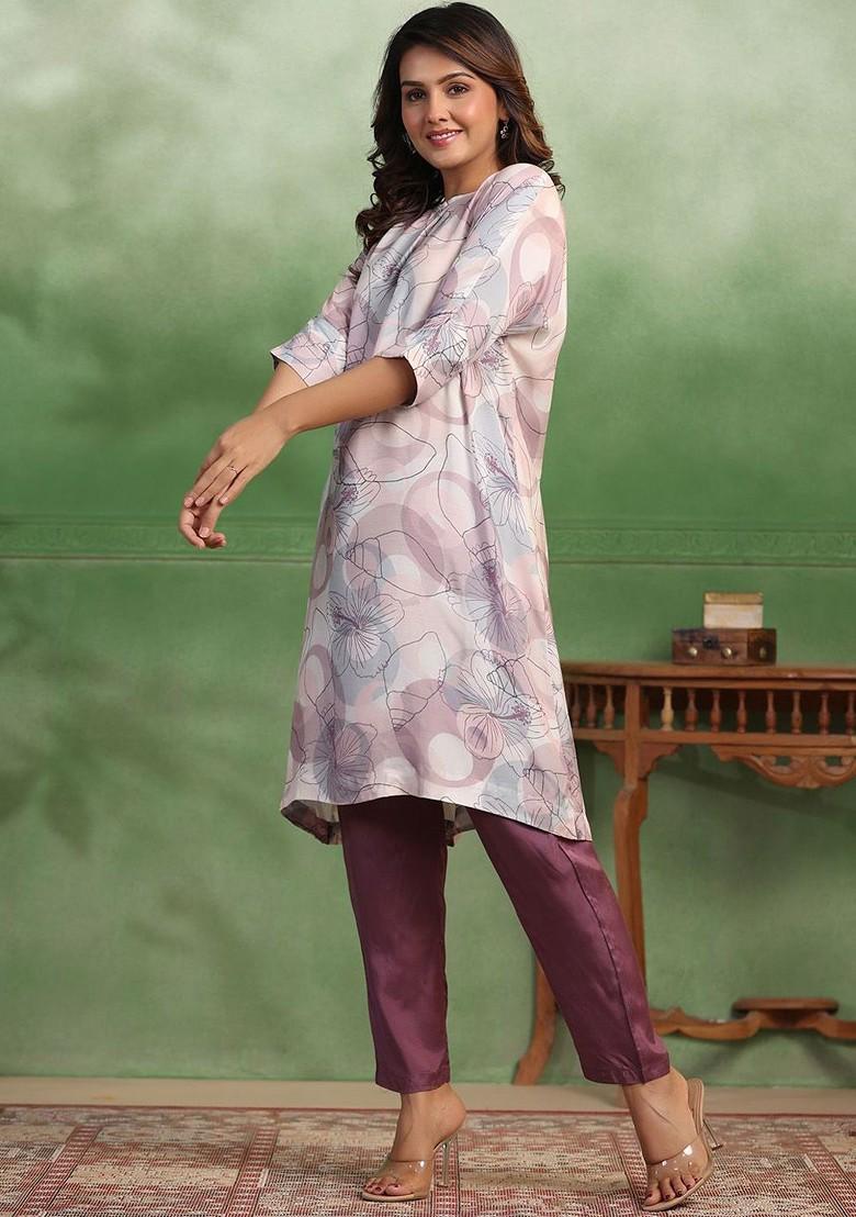 Lavender Printed Blended Kurta Set - Indya