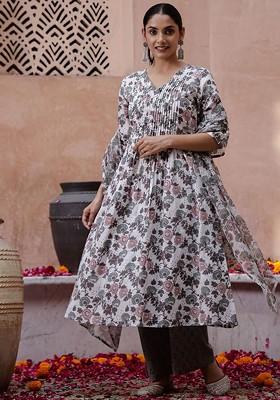 Off White Printed Blended Kurta Set