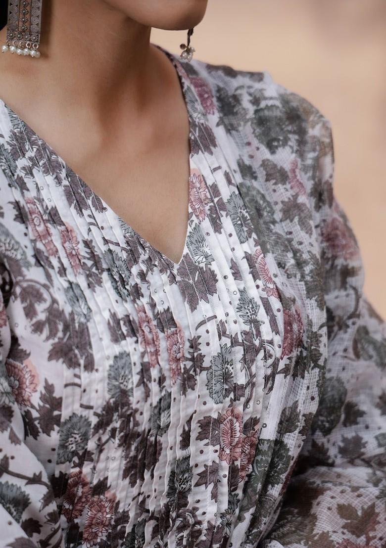 Off White Printed Blended Kurta Set - Indya