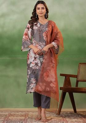 Grey Printed Blended Kurta Set