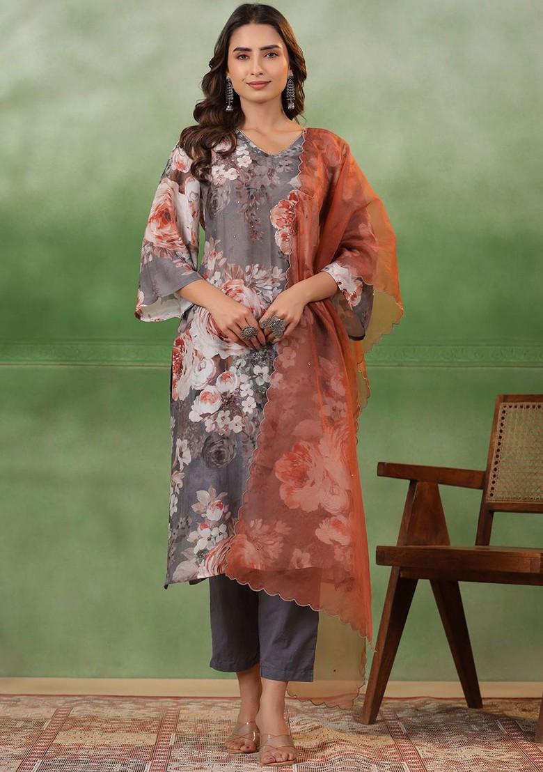 Grey Printed Blended Kurta Set - Indya
