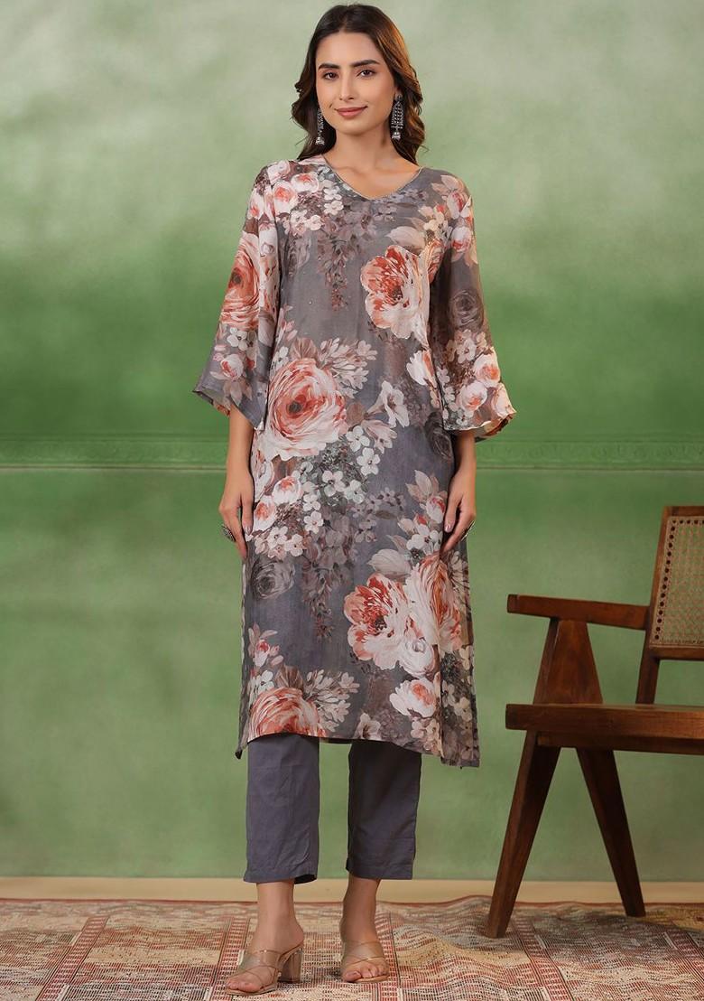 Grey Printed Blended Kurta Set - Indya