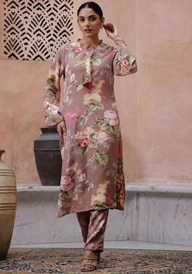 Beige Printed Blended Kurta Set