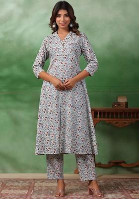 Off White Printed Blended Kurta Set