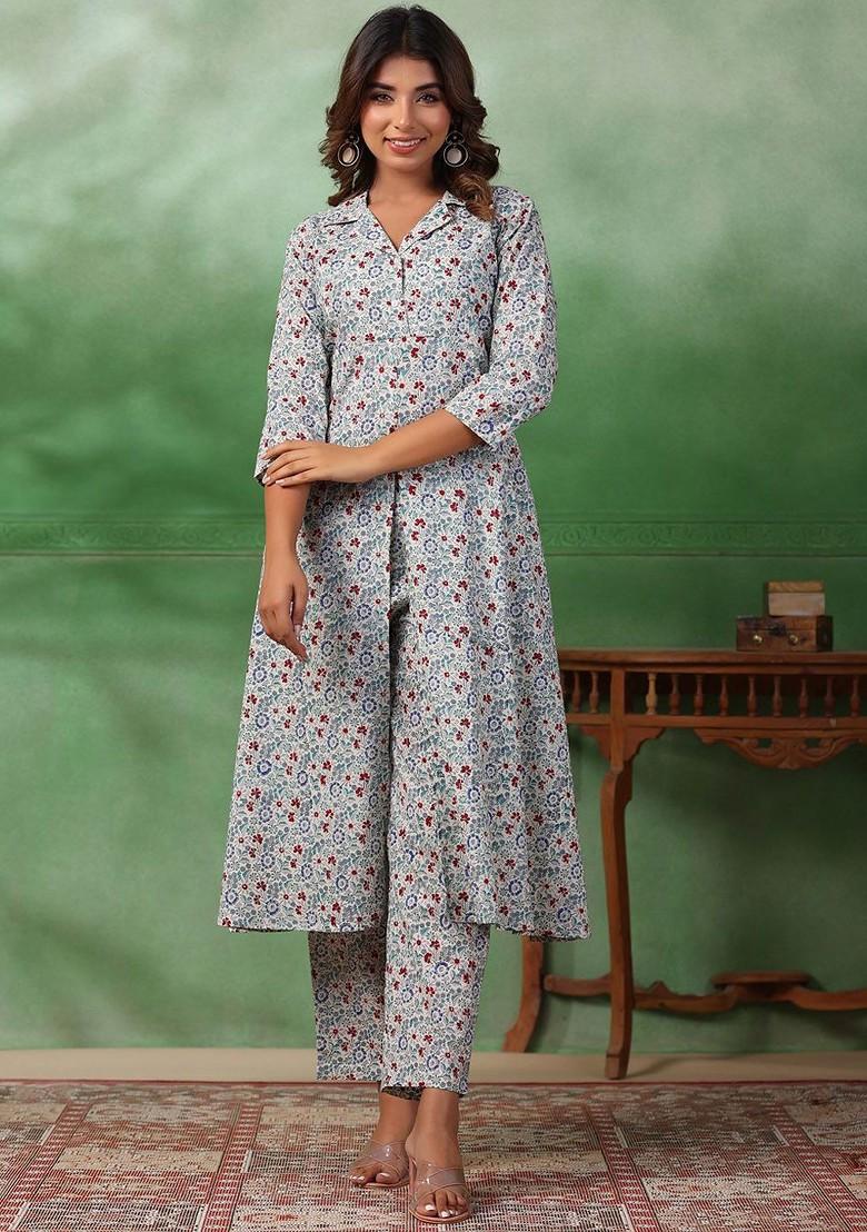 Off White Printed Blended Kurta Set - Indya