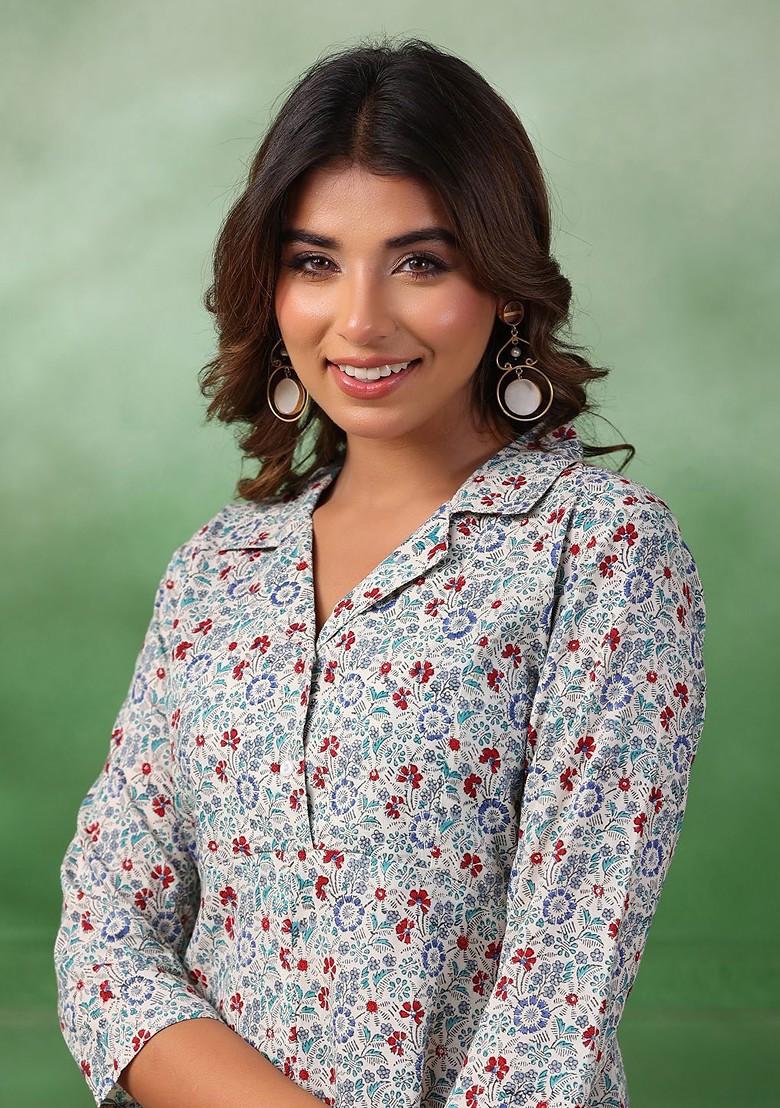 Off White Printed Blended Kurta Set - Indya