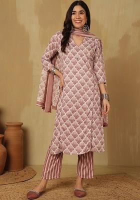 Pink Printed Blended Kurta Set
