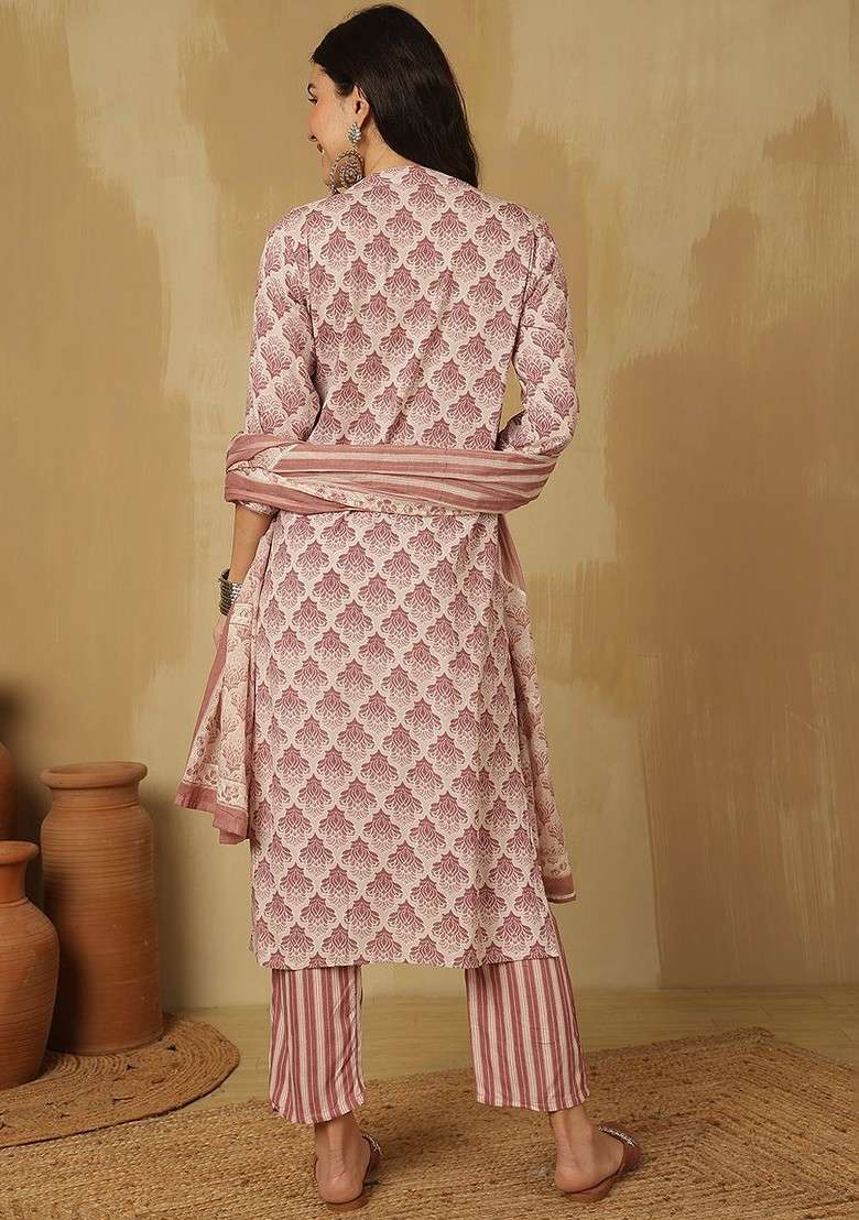 Pink Printed Blended Kurta Set - Indya