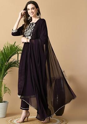 Burgundy Embroidered Blended Kurta Set