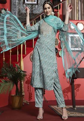 Turquoise Blue Printed Blended Kurta Set