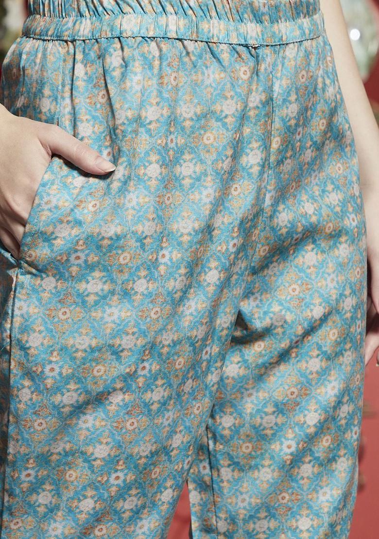 Turquoise Blue Printed Blended Kurta Set - Indya