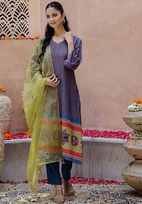 Blue Striped Blended Kurta Set