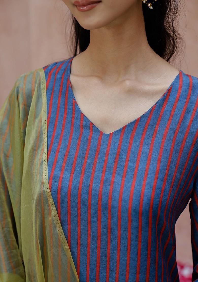 Blue Striped Blended Kurta Set - Indya