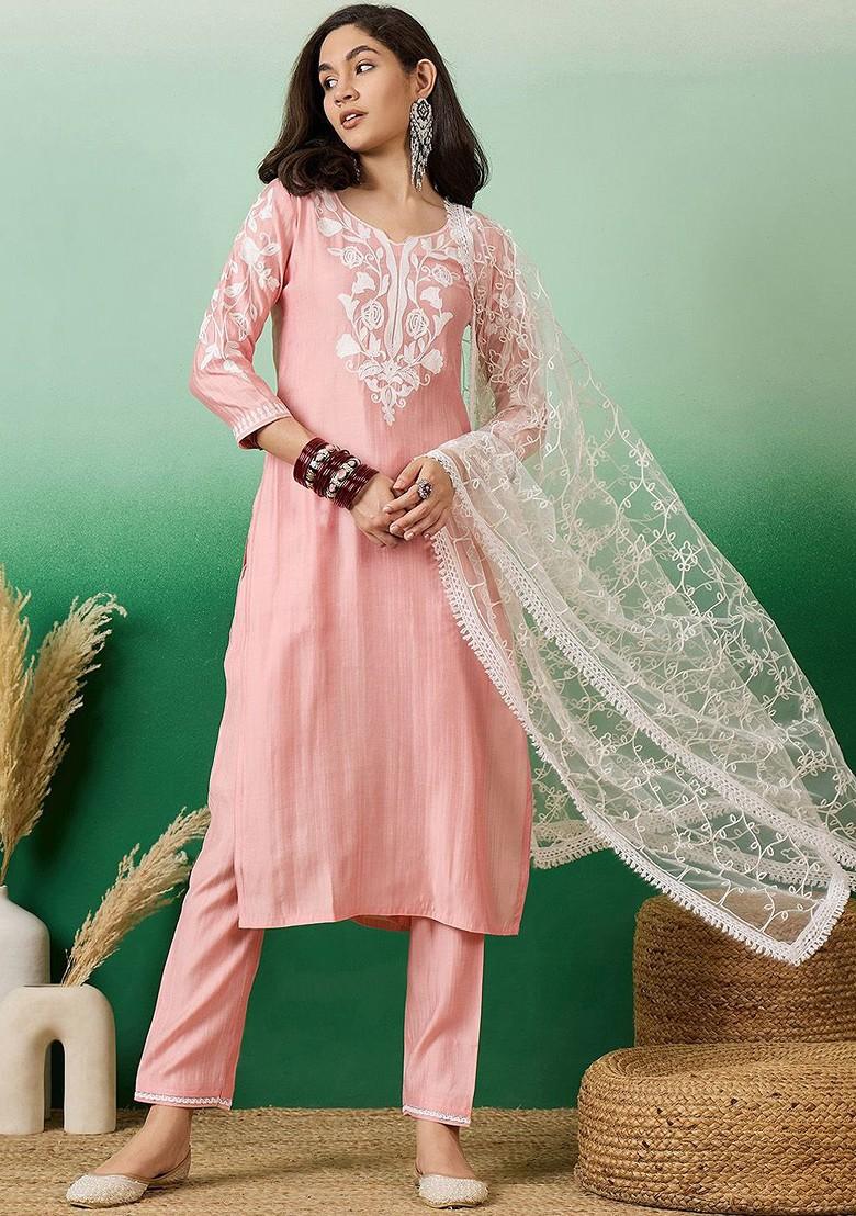 Peach Embroidered Blended Kurta Set - Indya