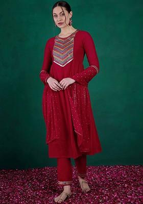Red Embroidered Blended Kurta Set