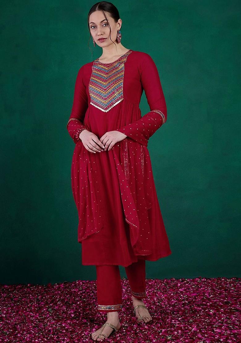 Red Embroidered Blended Kurta Set - Indya