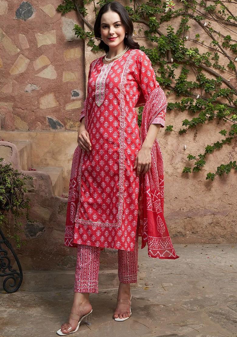 Fuchsia Printed Blended Kurta Set - Indya