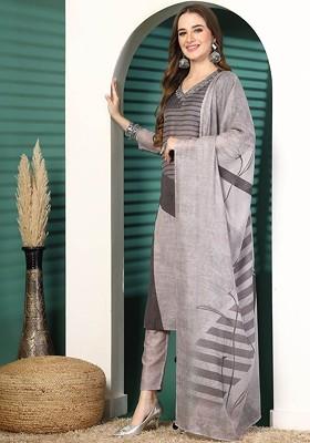 Grey Embroidered Blended Kurta Set