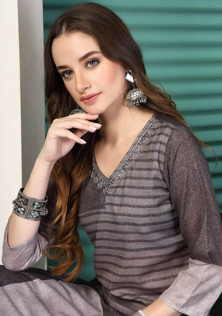 Grey Embroidered Blended Kurta Set - Indya