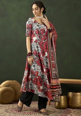 Red Printed Blended Kurta Set