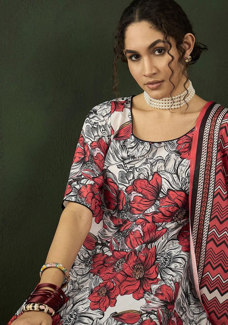 Red Printed Blended Kurta Set - Indya