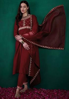 Maroon Embroidered Blended Kurta Set