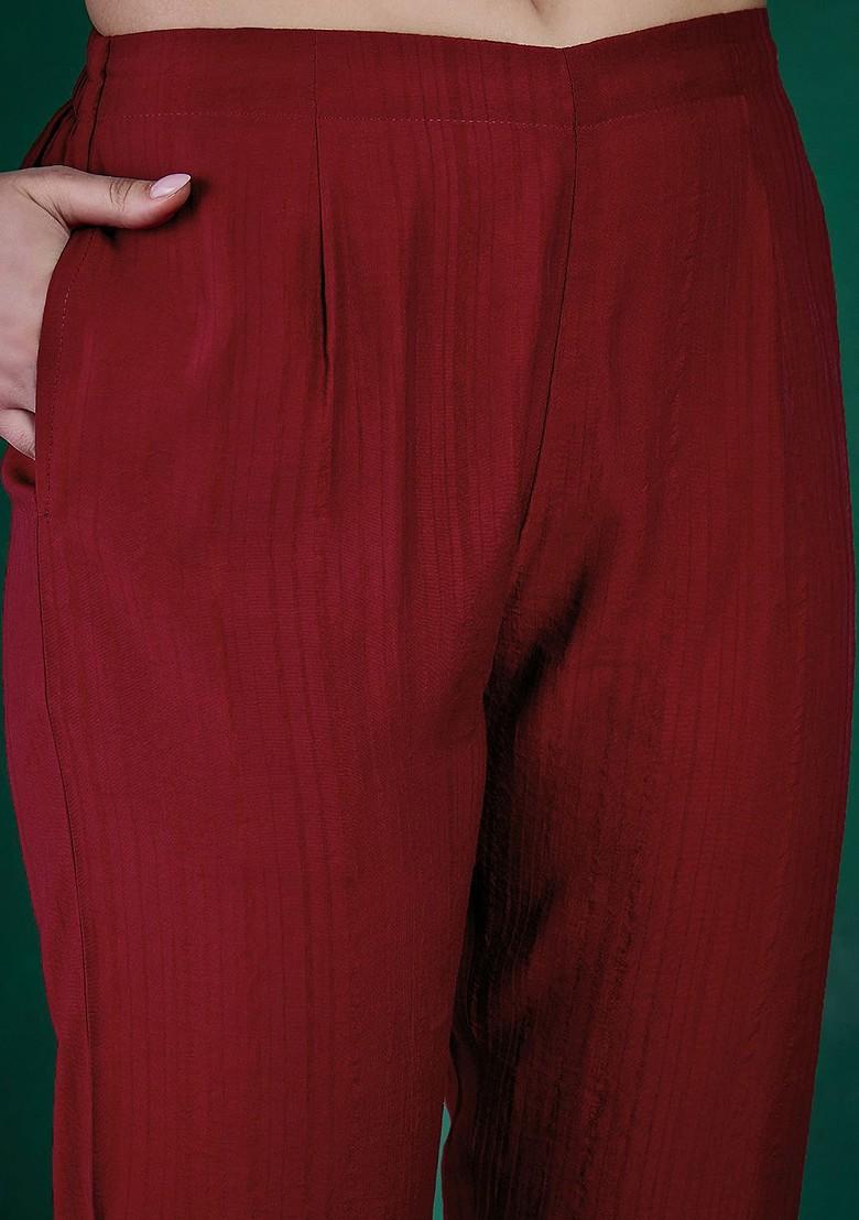 Maroon Embroidered Blended Kurta Set - Indya