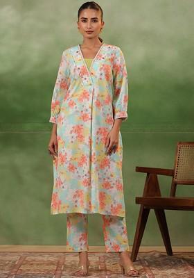 Sea Green Printed Blended Kurta Set