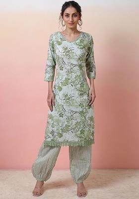 Green Printed Blended Kurta Set
