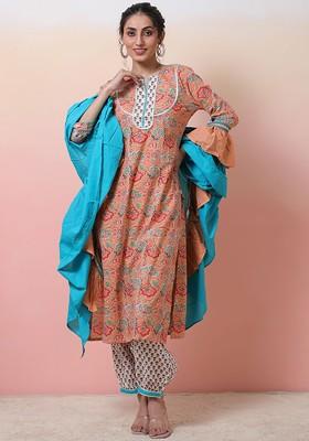 Peach Printed Blended Kurta Set