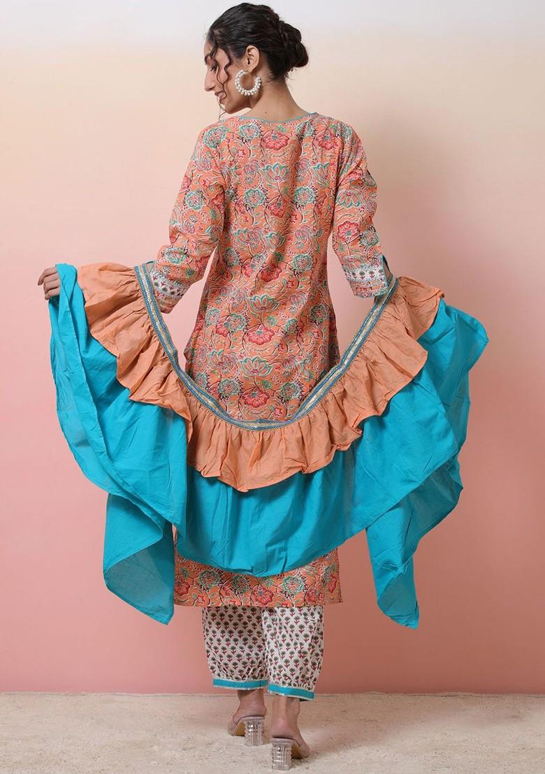 Peach Printed Blended Kurta Set - Indya