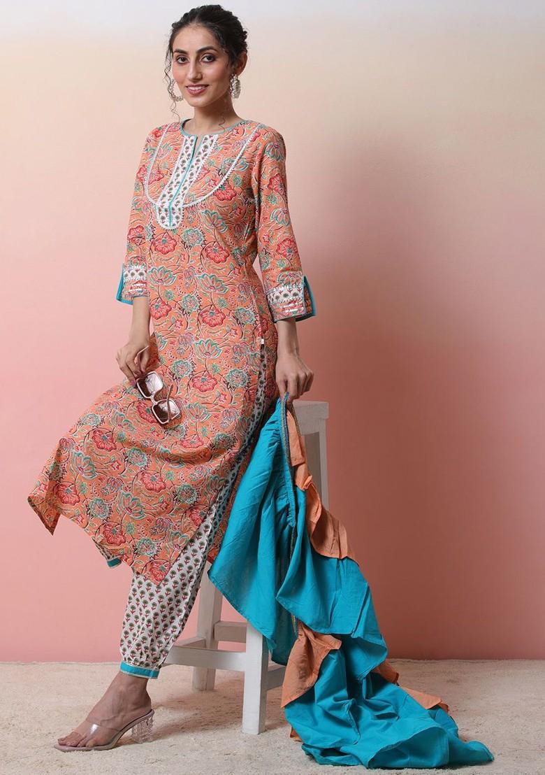Peach Printed Blended Kurta Set - Indya