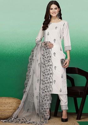 White Embroidered Blended Kurta Set